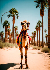 portrait of a camel against the background of palm trees. Selective focus.