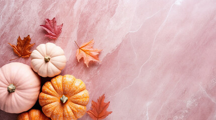 A group of pumpkins with dried autumn leaves and twig, on a blush color marble