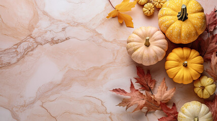 A group of pumpkins with dried autumn leaves and twig, on a blush color marble