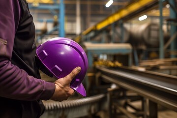 a factory operator holding a purple hard hat, with machinery and conveyor belt nearby - obrazy, fototapety, plakaty