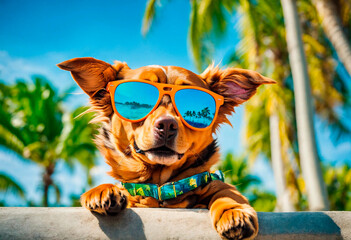 dog with glasses on a background of palm trees. Selective focus. - obrazy, fototapety, plakaty