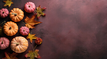 Obraz na płótnie Canvas A group of pumpkins with dried autumn leaves and twig, on a dark pink color marble