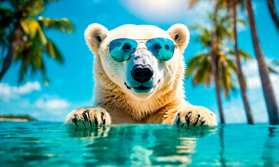 polar bear with glasses on a background of palm trees. Selective focus. - obrazy, fototapety, plakaty