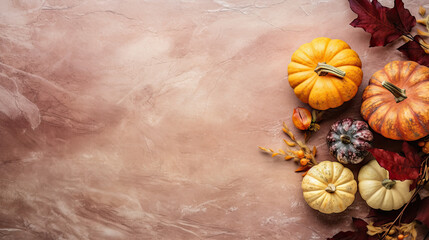 A group of pumpkins with dried autumn leaves and twig, on a light maroon color marble