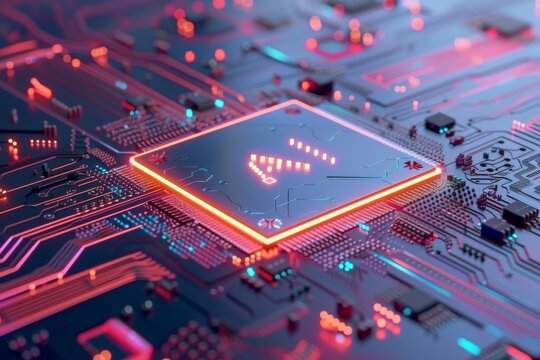 AI Brain Chip brain plasticity. Artificial Intelligence neon tangerine mind pet axon. Semiconductor dsp circuit board cloud service