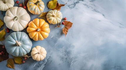 A group of pumpkins with dried autumn leaves and twig, on a light blue color marble