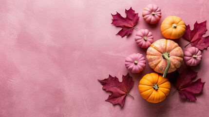 A group of pumpkins with dried autumn leaves and twig, on a light magenta color marble