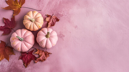 Fototapeta na wymiar A group of pumpkins with dried autumn leaves and twig, on a light magenta color marble