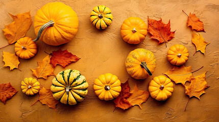 A group of pumpkins with dried autumn leaves and twig, on a vivid yellow color marble