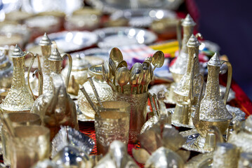 Middle Eastern traditional silver wine vessel close-up