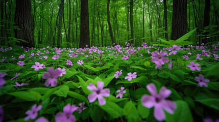 Obraz premium An idyllic scene of a lush forest with bright green foliage atop dark trunks and vivid purple wildflowers in bloom