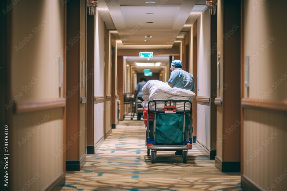 Poster housekeeping staff pushing a cart of linens in a hotel corridor