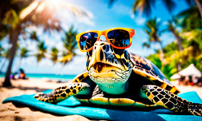 turtle with glasses on a background of palm trees. Selective focus.