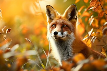 Fototapeta premium Alert red fox in the wild with a warm, golden autumnal background, Generative AI