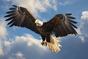 Majestic bald eagle in flight against a backdrop of scattered clouds and blue sky, Generative AI