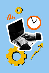 Vertical collage poster human hands typing laptop remote work deadline time management miss schedule cogwheel efficiency