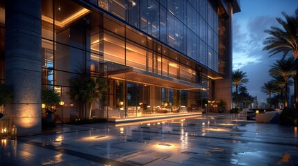 Luxurious hotel exterior, avant-garde design with glass curtain walls, panoramic city views, elegant ambiance