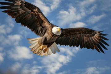 Obraz premium Majestic bald eagle in flight against a backdrop of scattered clouds and blue sky, Generative AI