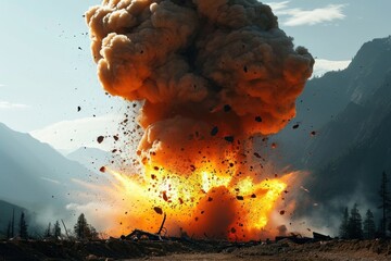 Large explosion with debris and smoke against a backdrop of mountains and a clear sky, Generative AI