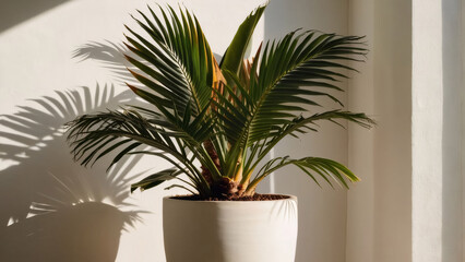 Fototapeta premium Design a mockup template featuring a tropical palm tree pot against a white wall, illuminated by sunlight and shadows, creating a stunning natural backdrop.