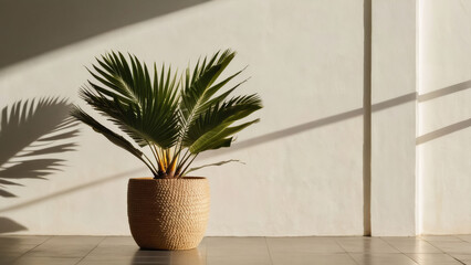 Design a mockup template featuring a tropical palm tree pot against a white wall, illuminated by sunlight and shadows, creating a stunning natural backdrop.