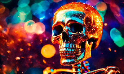 skeleton in a suit on a festive background. Selective focus.