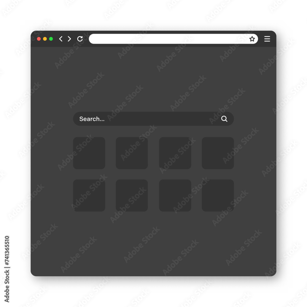 Poster blank web browser window with toolbar and search field. modern website, internet page in flat style.