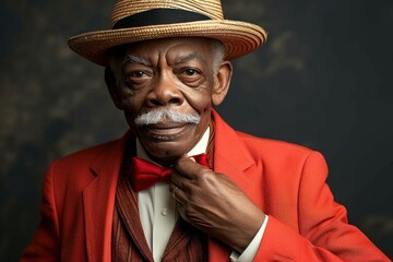 Distinguished senior Black man in a vibrant red blazer and straw fedora, adjusting a red bow tie, with a playful smirk, against a dark backdrop, Generative AI