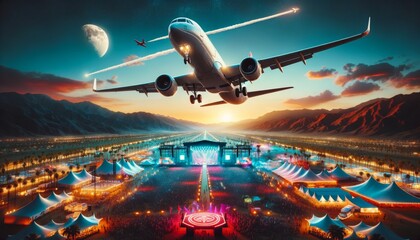 Airplane flies over colorful Coachella festival in desert, people enjoy music. Airplane's shadow crosses vibrant festival stages, desert alive with music. - obrazy, fototapety, plakaty