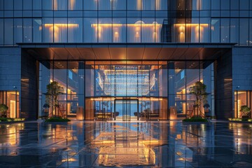 Luxurious hotel exterior, avant-garde design with glass curtain walls, panoramic city views, elegant ambiance - obrazy, fototapety, plakaty