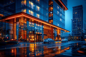 Fototapeta na wymiar Luxurious hotel exterior, avant-garde design with glass curtain walls, panoramic city views, elegant ambiance