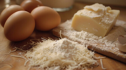 Fototapeta na wymiar flour milk cheese eggs.