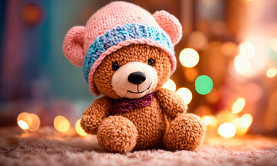Teddy bear toy on a festive Christmas background. Selective focus.