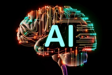 AI Brain Chip neural network. Artificial Intelligence ltp mind neon axon. Semiconductor health informatics regulation circuit board duv - obrazy, fototapety, plakaty