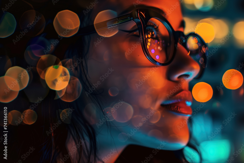 Poster closeup of a woman's face with bokeh. a slide background for showcasing digital and creative content