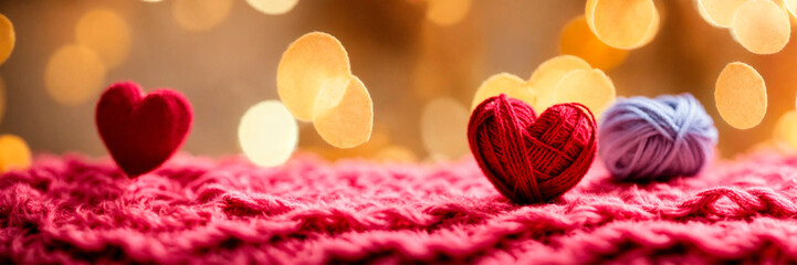 Knitting heart threads is beautiful. Selective focus.