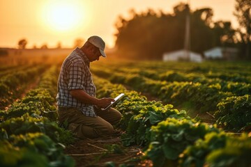 A middle-aged farmer using digital technology among rows of crops during golden hour, Generative AI - obrazy, fototapety, plakaty