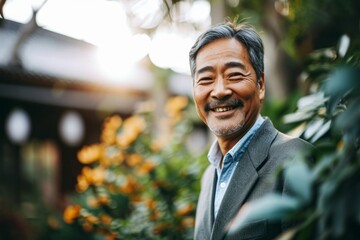 A cheerful middle-aged Asian businessman smiling in a natural outdoor setting, Generative AI