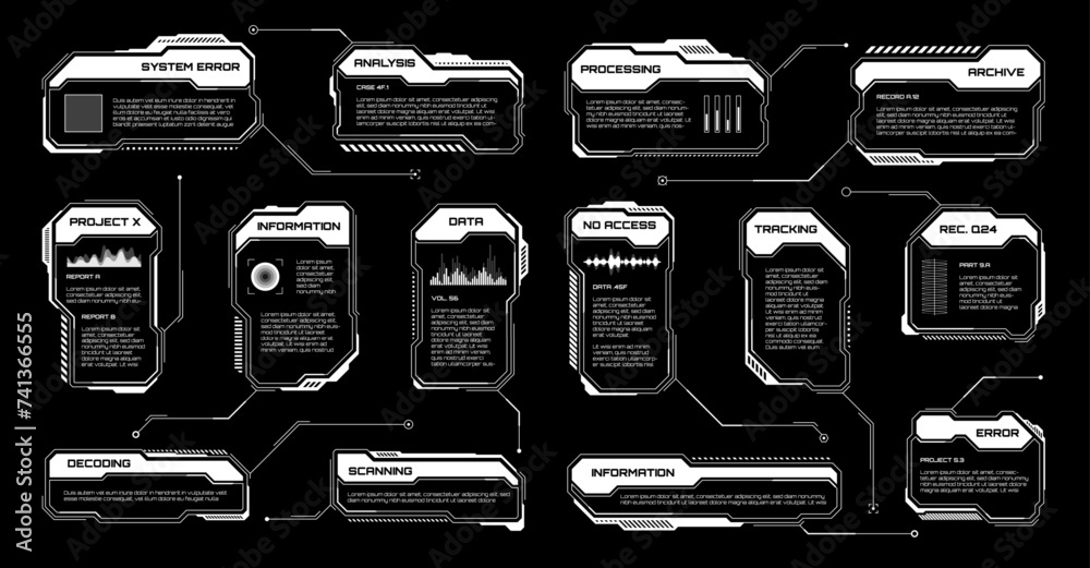 Poster white futuristic hud, ui elements. sci-fi user interface text boxes, callouts. warning message frame