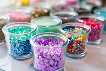 Fototapeta na wymiar glass jars of nail embellishments on a manicure table