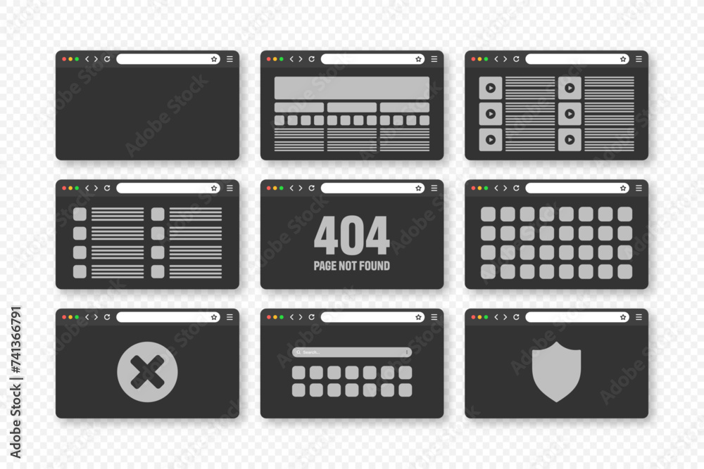Poster web browser window, pages layout with toolbar and search field. modern website, internet page in fla