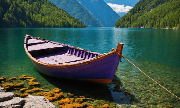 A vibrant image capturing a purple wooden boat anchored near the shore of a crystal-clear mountain lake surrounded by lush greenery and towering peaks.