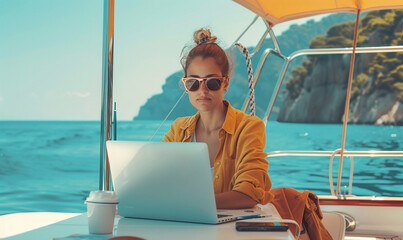 woman on a yacht working with laptop. working from anywhere concpet.