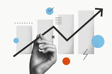 Creative collage illustration financial 3d template money graphic trend digital progress charts isolated over white color background