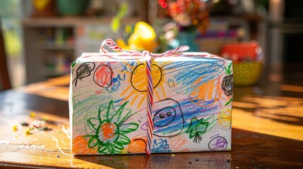 Naklejka na ściany i meble Child's Delight: A brightly colored box, adorned with whimsical drawings and a playful ribbon, sits on a wooden table