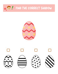 Find the right shadow. Colorful and black and white Easter eggs.Educational game with eggs. Logic games for children with an answer.A training card with a task for preschool and kindergarten children