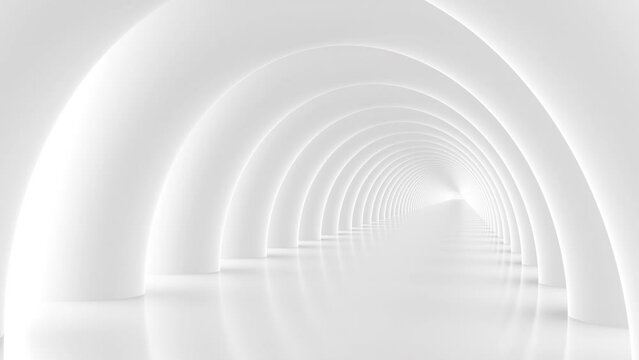 Futuristic empty white corridor with columns and bright light. Seamless looping animation