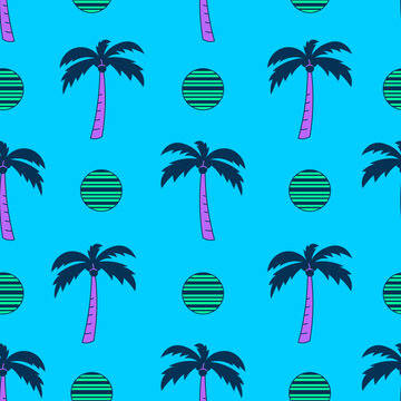 Summer seamless pattern with palm tree. Acid colorful beach background in retro style. Neon vaporwave summertime aesthetic. Repeat vector illustration.