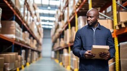 Warehouse manager using software to check delivery and stocks on computer and phone