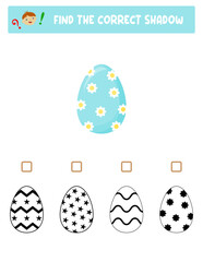 Find the right shadow. Colorful and black and white Easter eggs.Educational game with eggs. Logic games for children with an answer.A training card with a task for preschool and kindergarten children